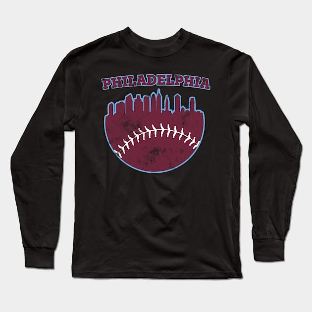 Philadelphia PA Baseball Skyline Vintage Retro graphic Long Sleeve T-Shirt by Bluebird Moon